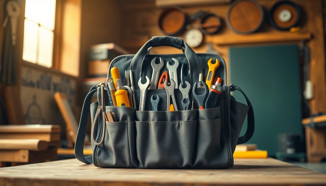 Borsa porta attrezzi professionale che mostra attrezzi organizzati in un laboratorio.