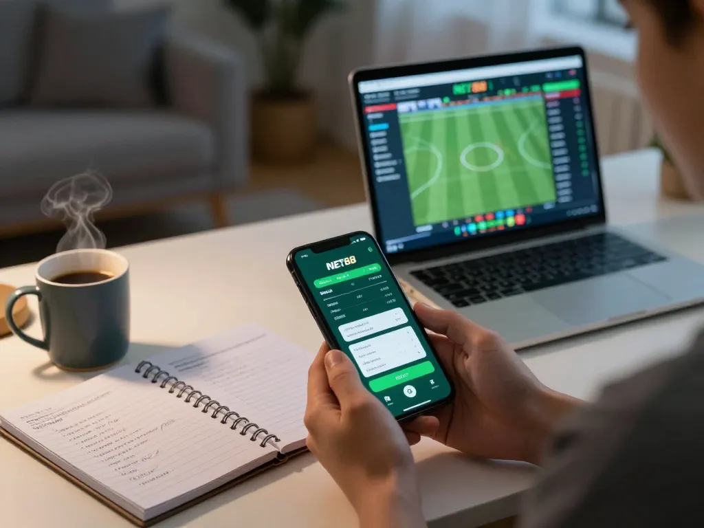 Betting strategically on the NET88 app from home during an evening sports event.