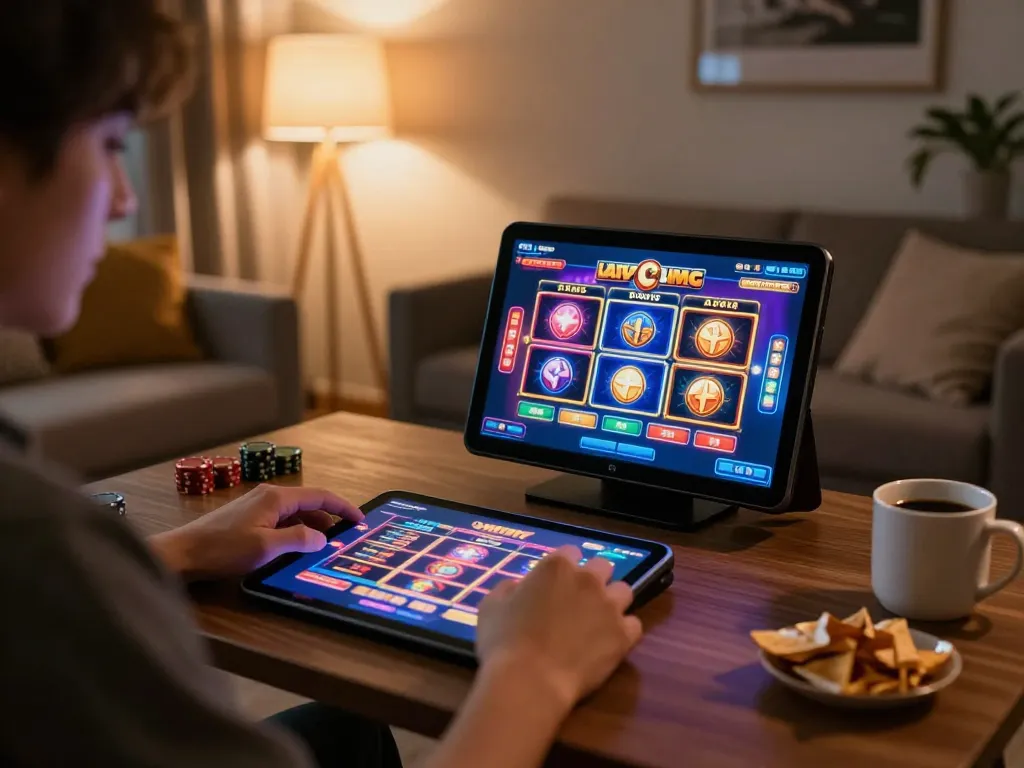 Engaging online gaming experience at https://11win.plus/ with tablet displaying colorful slots and cozy home atmosphere