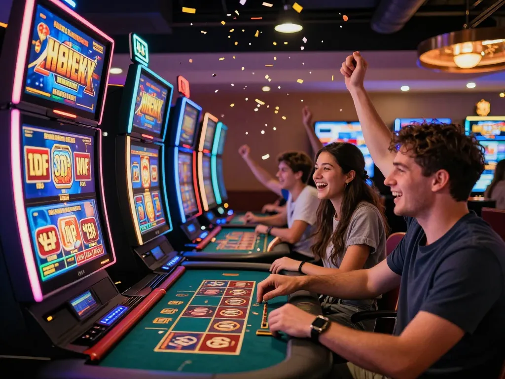 Players celebrating a win at Nohu90 online casino, showcasing excitement in a vibrant gaming environment.