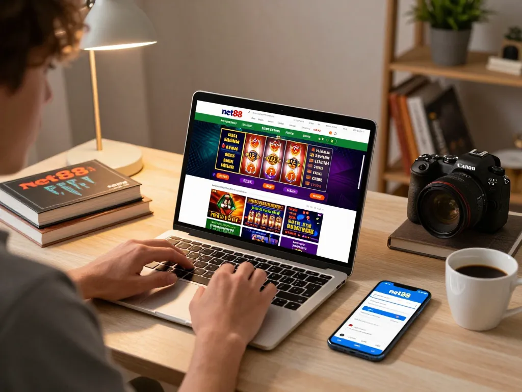 Engaging online gaming setup showcasing net88 website on a laptop with betting options.