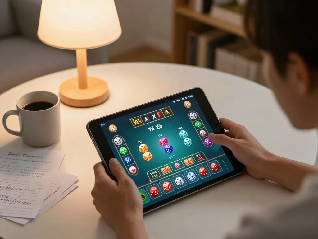 Tài xỉu online gaming session showing player engaged with tablet and colorful dice results.