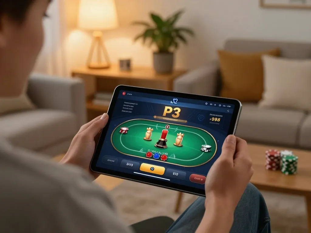 P3 users celebrate small wins while gaming online, illustrating a cozy home environment, with P3 app interface displayed.