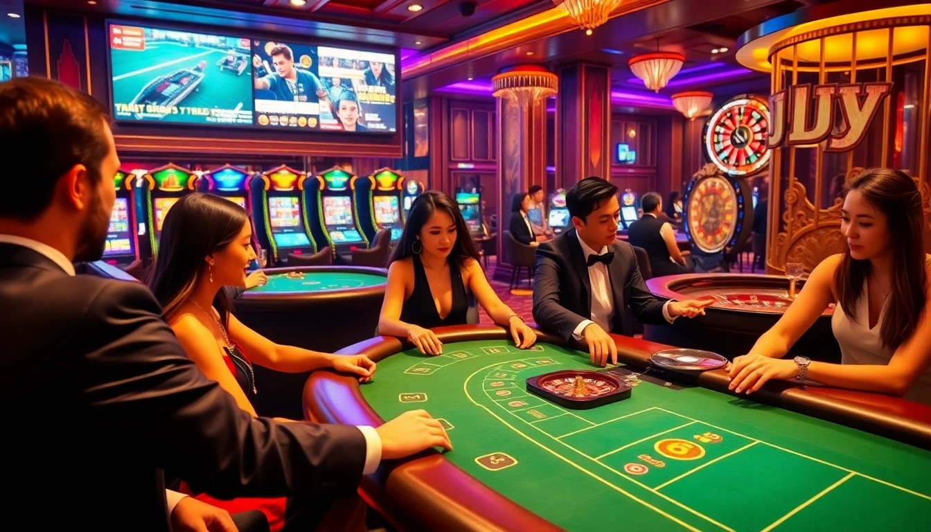 Betting excitement at a casino with 'trực tiếp bóng đá Châu Phi' displayed on screens, showcasing thrilling gameplay.