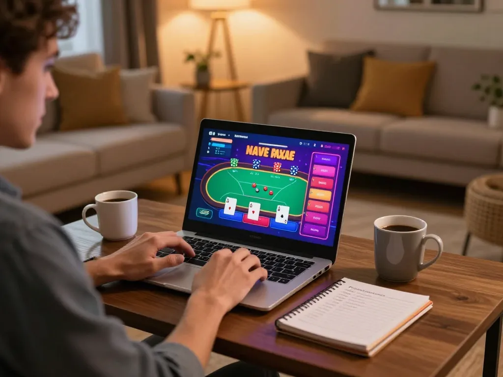 Kuwin player engaged in online poker at home, showcasing a stylish gaming setup and atmosphere.