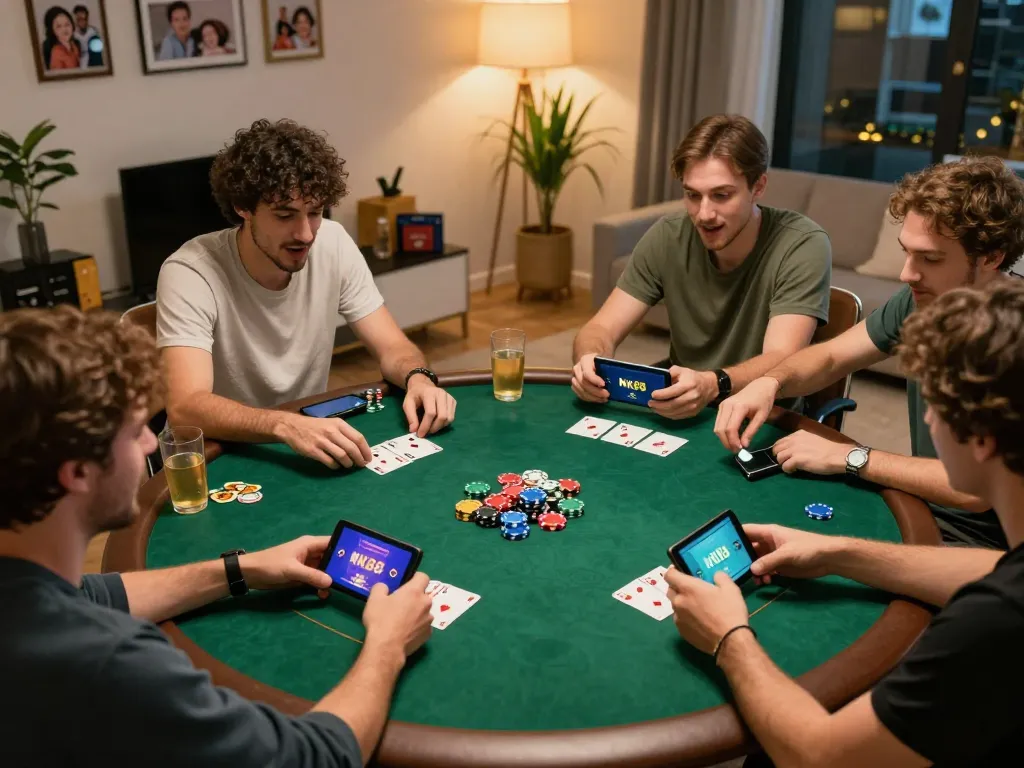 Players enjoying a poker game using the nk88 app with vibrant chips and snacks on the table