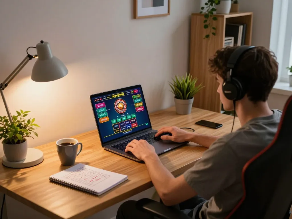Engaging in online gameplay on https://vin88.football/ with a cozy laptop setup and strategic notes nearby