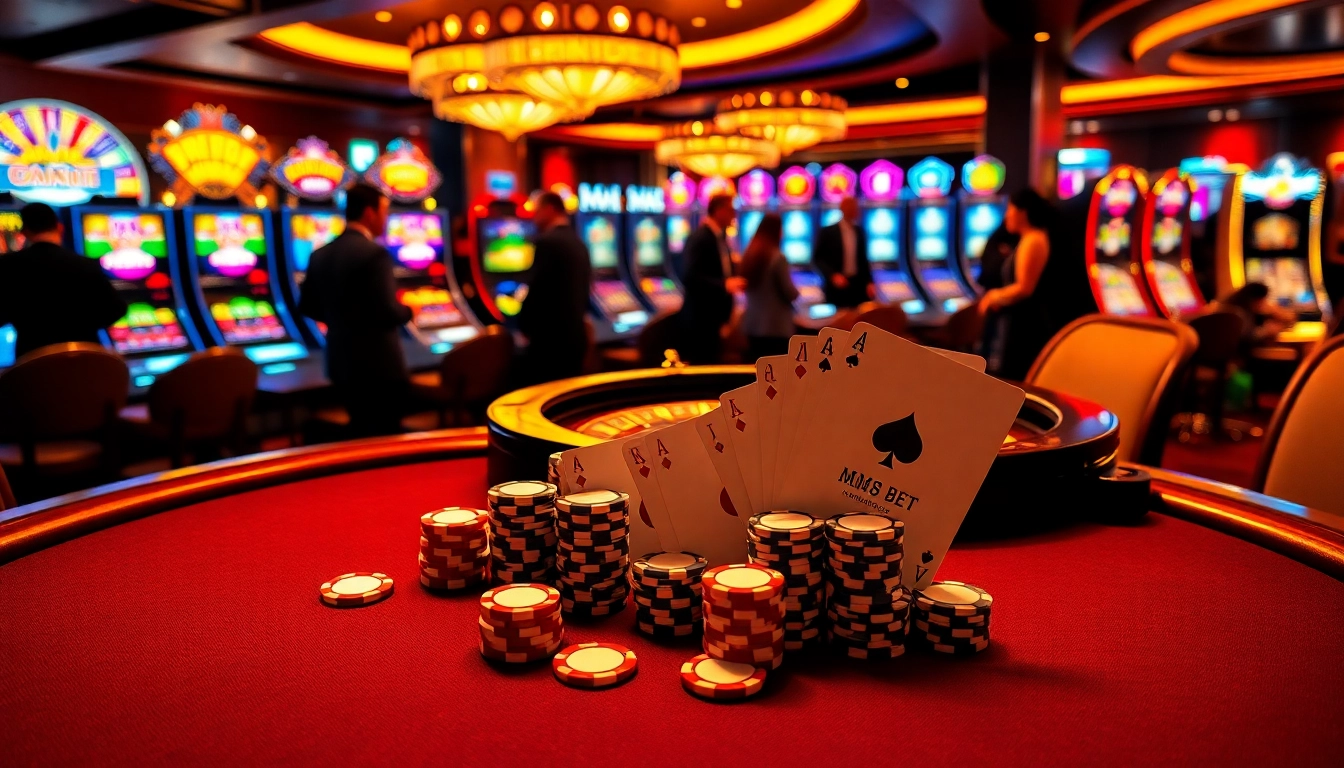 Engaging players enjoy MM88 Bets at a lavish casino with poker chips, cards, and vibrant slot machines.