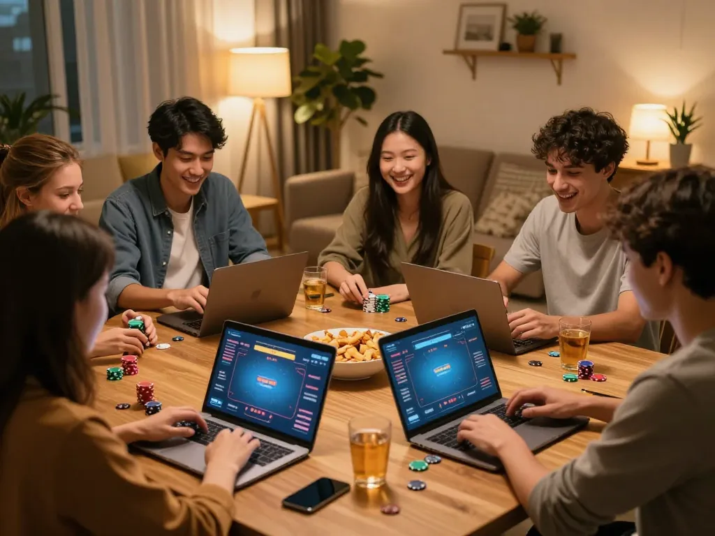 Friends enjoying an online poker game at home from https://www.dacsandatphanrang.com/ with laptops and snacks.
