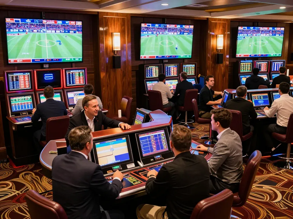 Cheerful players placing bets in the vibrant sports betting area at https://da88.navy/ with dynamic atmosphere and large screens.