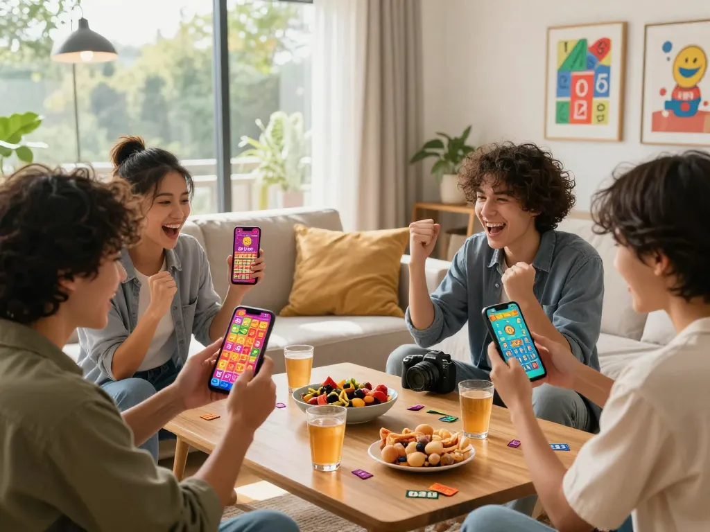 Excited friends celebrating a win while playing đánh đề online in a cozy living room.