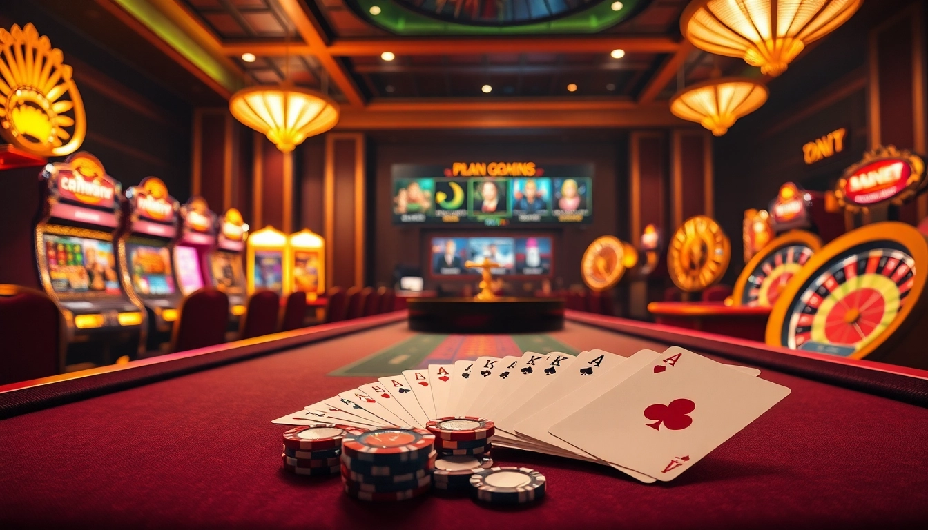 A thrilling view of a luxurious casino gaming table and vibrant slot machines at trang chủ 789f.