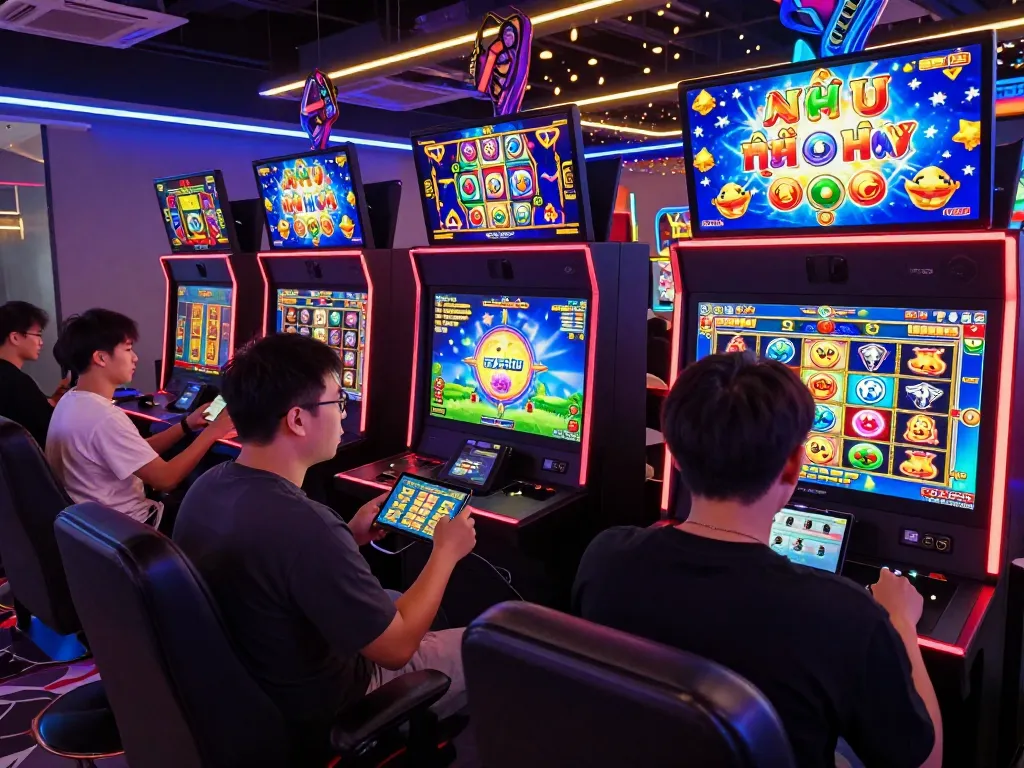 Exciting game nổ hũ setting with players thrilled by jackpots and colorful animations in vibrant gaming room.