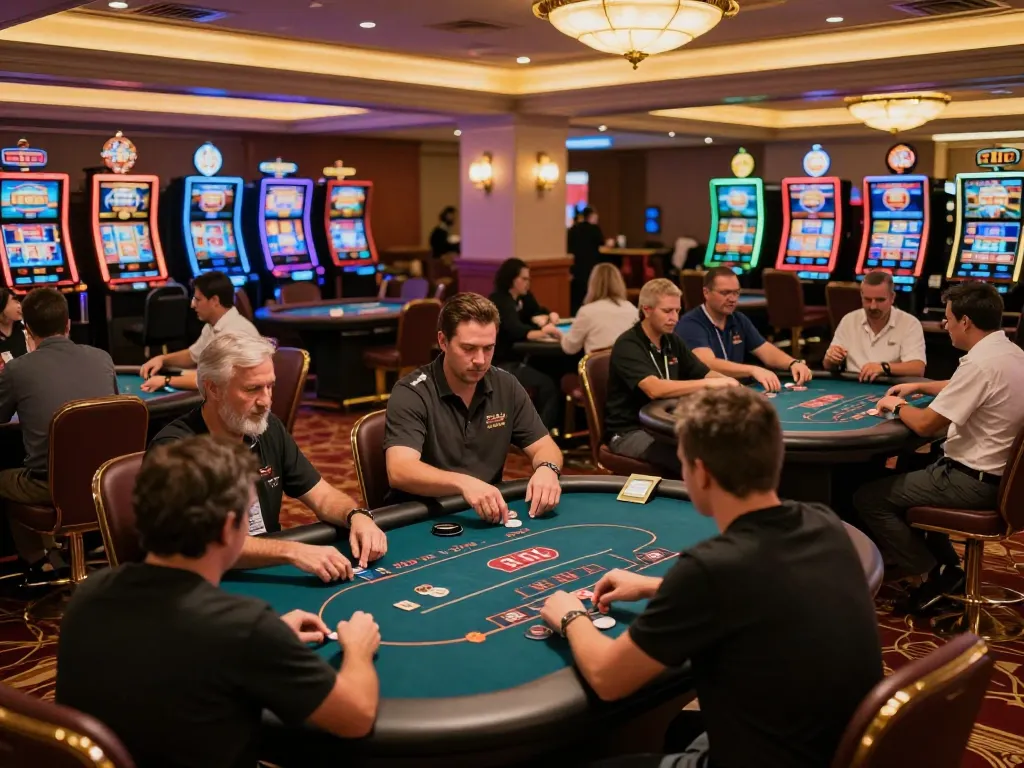 Engaged players at HELLO88 casino tables enjoying exciting games under vibrant lights.