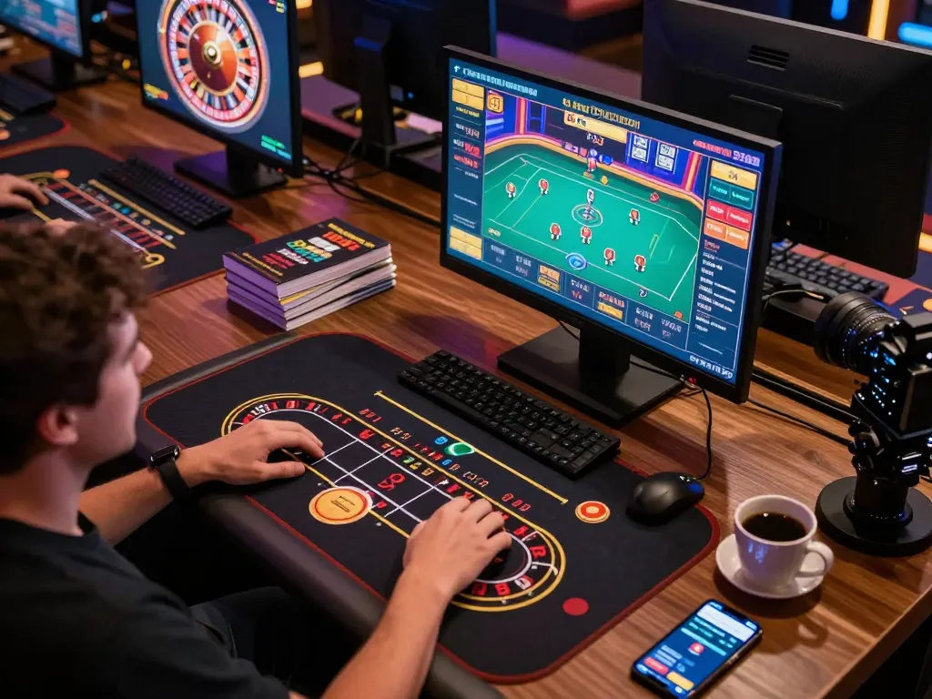SIN888 gaming setup with a player navigating multiple casino games online, showcasing engaging visuals and betting strategies in action