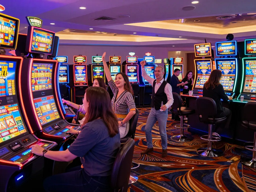 Players celebrating at vibrant sunwingo slot machines in a lively casino atmosphere.