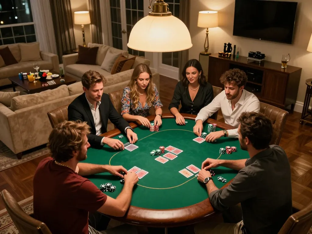 Friends enjoying a lively poker night with chips and cards at a game table, OnBet experience highlighted