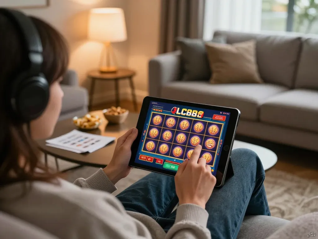 Engaged user playing on the LC88 casino app with vibrant game graphics in a cozy setup.