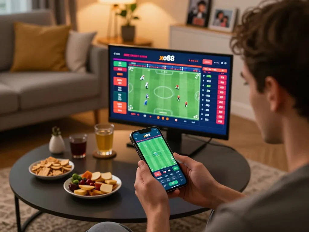 Betting enthusiasts engaging with the xo88 app during a thrilling sports event at home