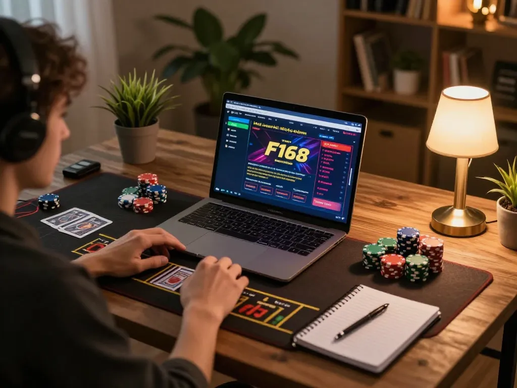 Player enjoying F168's online gaming experience on a laptop with poker graphics.
