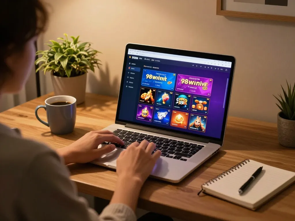 Engaging in online gaming on 98winlive with an inviting home atmosphere and vibrant casino visuals.