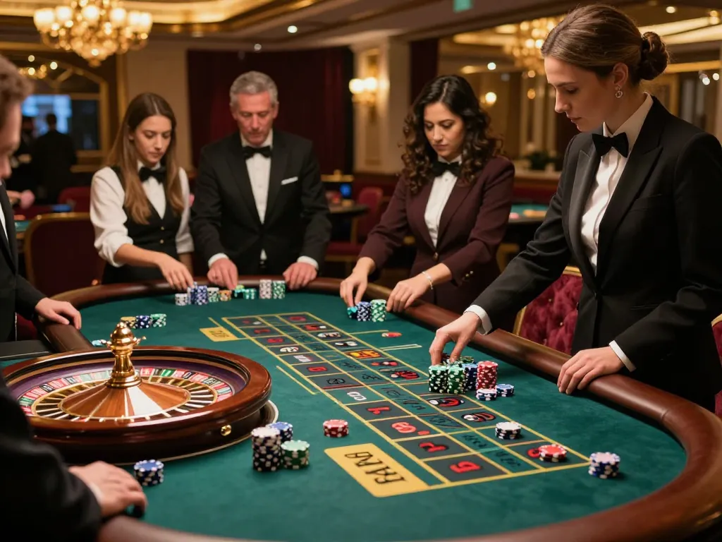 Players engaging at the roulette table while betting on may88 in a luxurious casino atmosphere