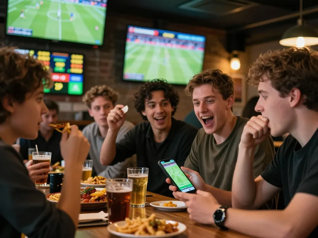 Bsport betting excitement with friends at a sports bar, live match on screen, bets placed on smartphone