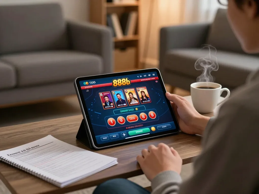 Player enjoying 888b on a tablet in a cozy living room while strategizing for online gambling.