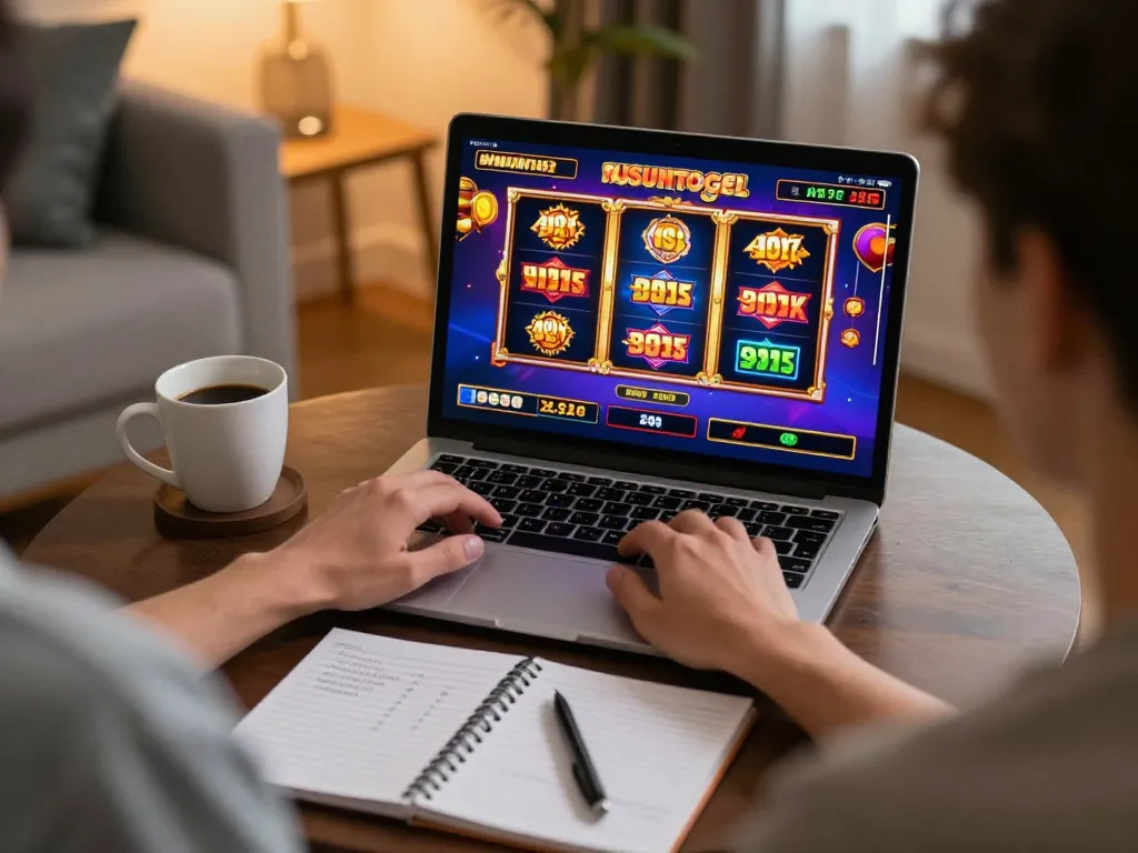 Engaging online gambling scene showing a player immersed in rusuntogel slot games with vibrant graphics on their laptop.