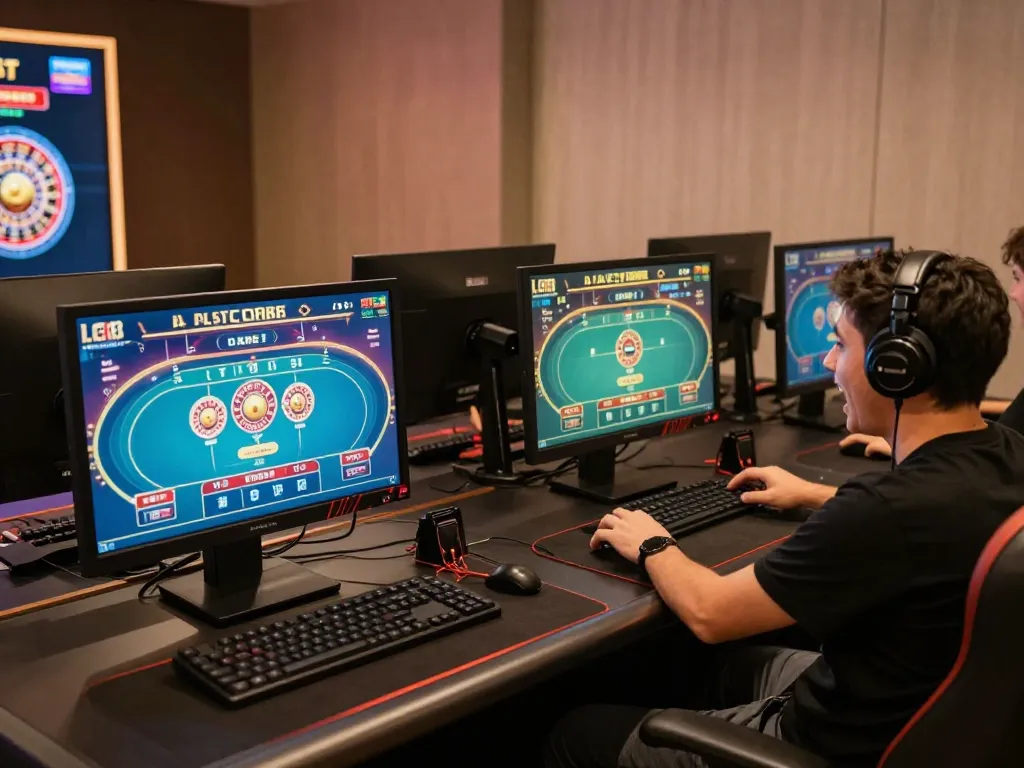 Player engaged in strategic gameplay for lc88 with multiple screens displaying casino games in a cozy setup