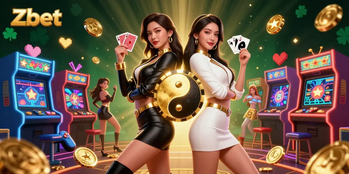 Zbet's vibrant casino illustration showcases a winning duo of Asian women with playing cards amid neon gaming elements.