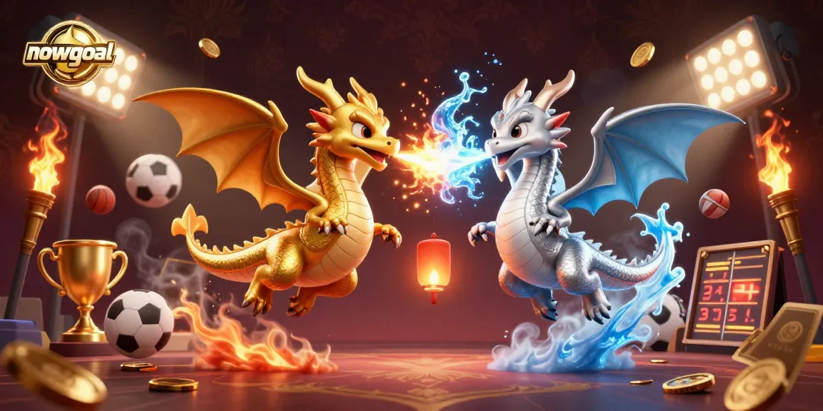 Watch nowgoal's thrilling sports action with animated dragons battling amidst winning trophies and vibrant gaming elements.