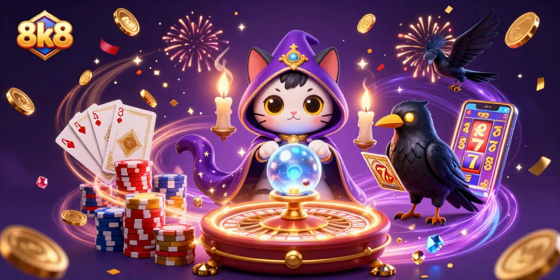 Experience the thrill of 8k8 online casino with a vibrant illustration featuring a mystic cat, magical elements, and games!