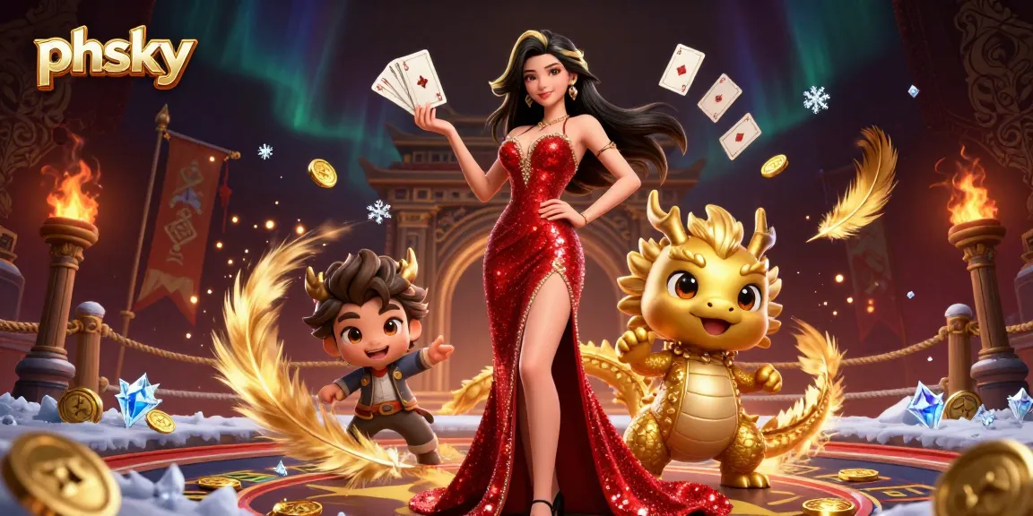 Engage with the vibrant phsky online casino scene featuring an elegant woman, golden dragon mascot, and dynamic game elements.