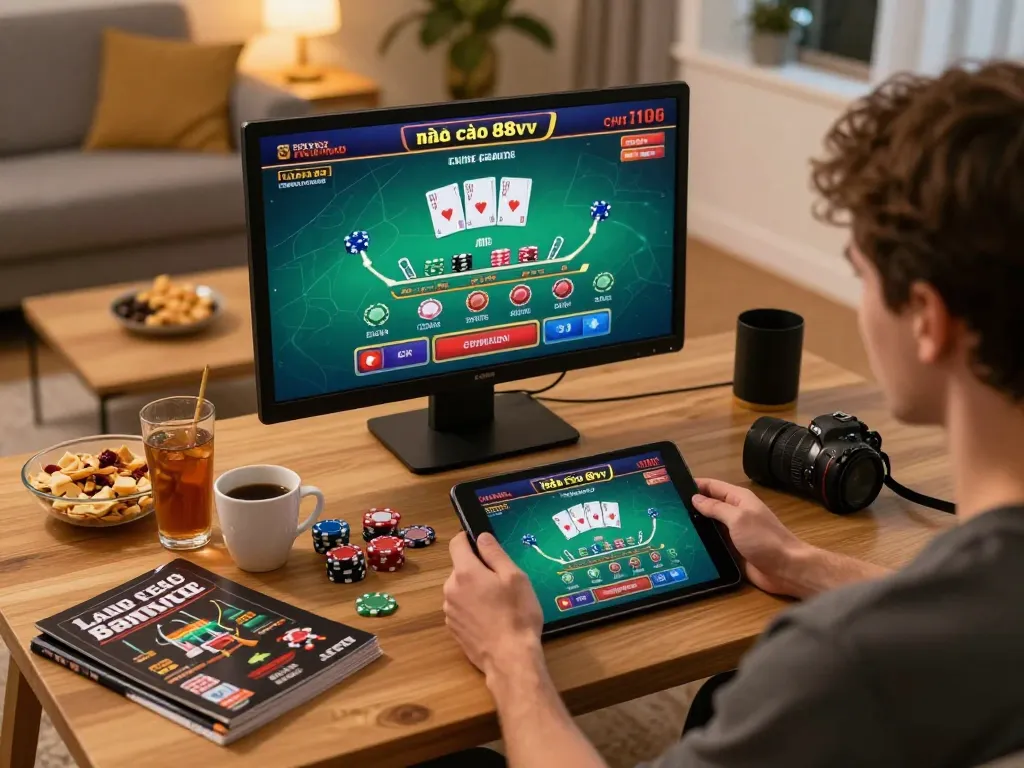 An engaged player using nhà cái 88vv to play live blackjack on tablet, relaxed home environment, strategic guides visible.