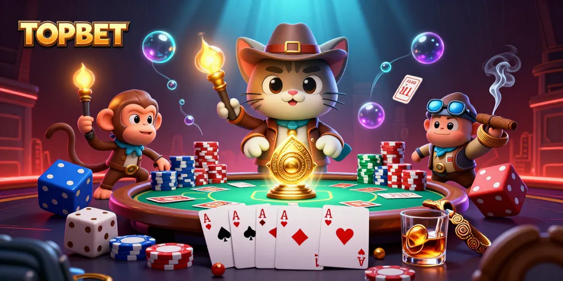 TOPBET features a cat archaeologist uncovering a golden casino artifact alongside a monkey in a vibrant animated scene.