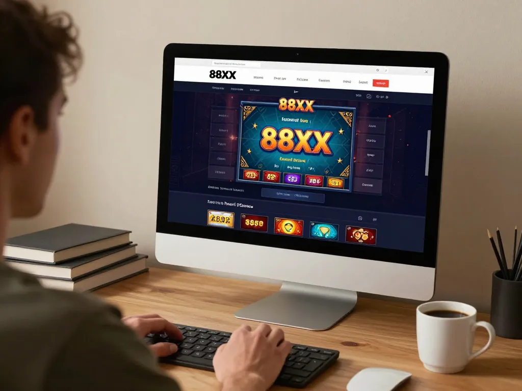 Engaging gameplay on 88xx casino app unfolding on a sleek desktop setup, cozy ambiance enhancing the user experience.