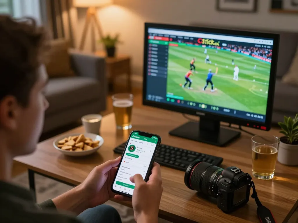 Crickex sports betting action captured on smartphone during a cozy home setting, showcasing live cricket odds.