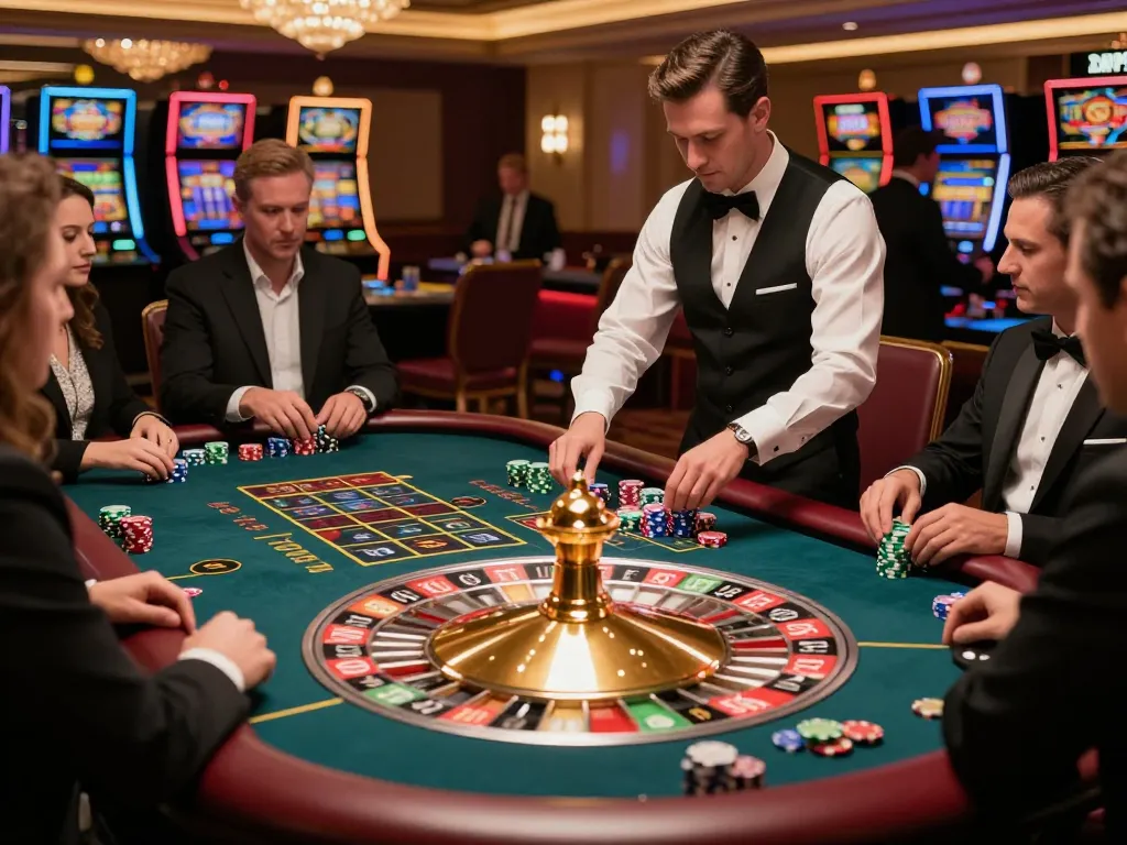 Engaged players placing bets at the HM88 roulette table in a vibrant casino setting, capturing excitement and strategic gameplay.
