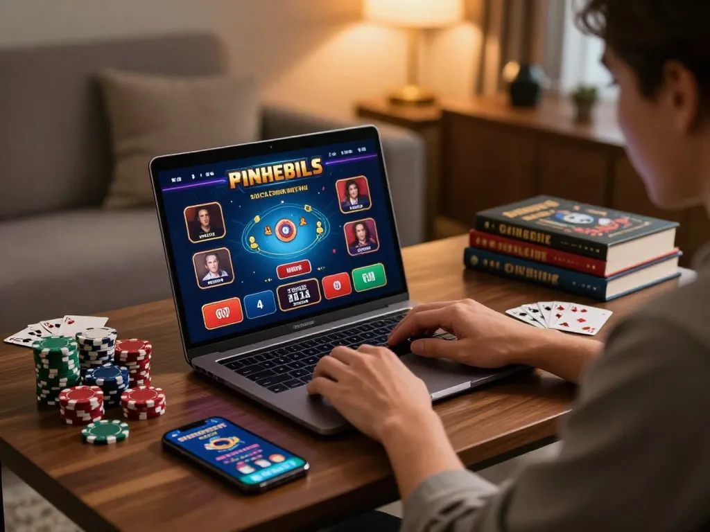 DA88 player strategizing with poker chips and laptop during a casual online gaming session