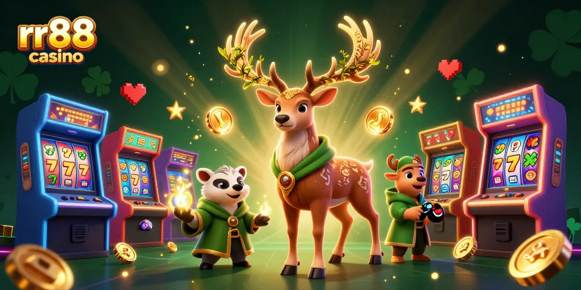 Play at rr88 casino with a vibrant scene featuring a druid stag and a wise badger.