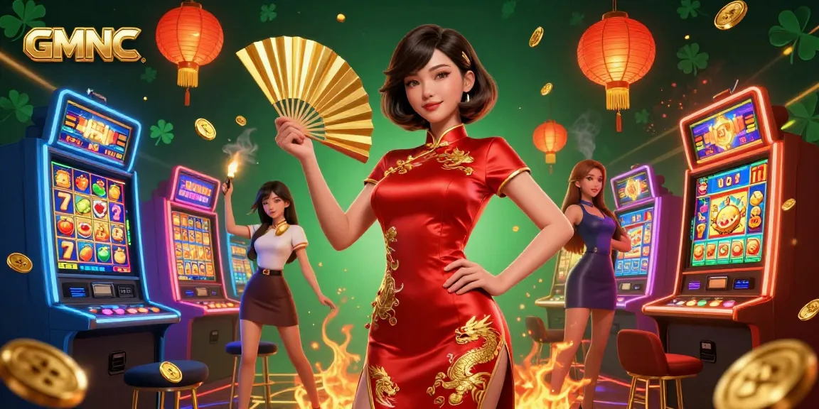 Play slots and win big with GMNC, a vibrant casino scene featuring Asian beauty and golden treasures.
