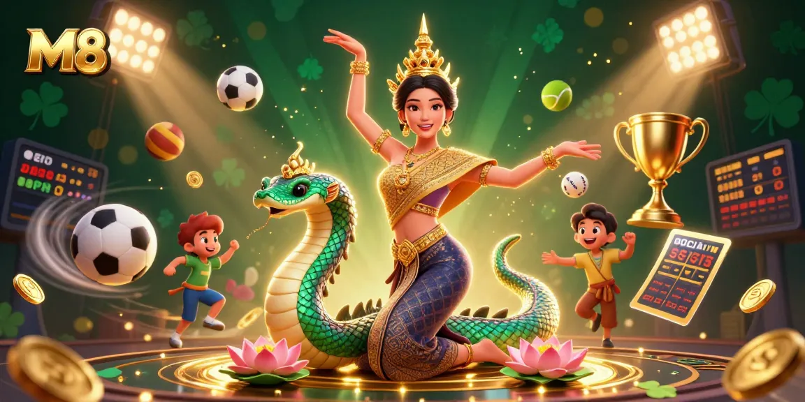 M 88 bets on thrilling sports adventures with colorful sports elements and a vibrant scene.