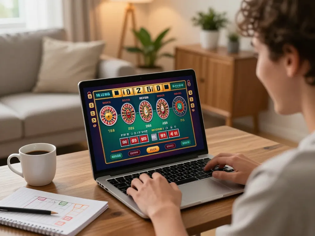 Excited user engaging with DN88 online casino game on laptop in a cozy home setting.