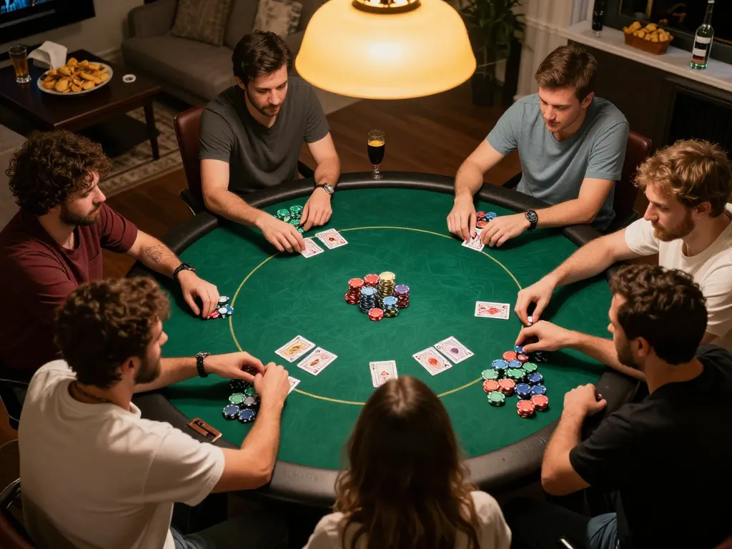 Players enjoy a competitive poker match in a cozy home setting, enhancing five88 vn gaming experiences.