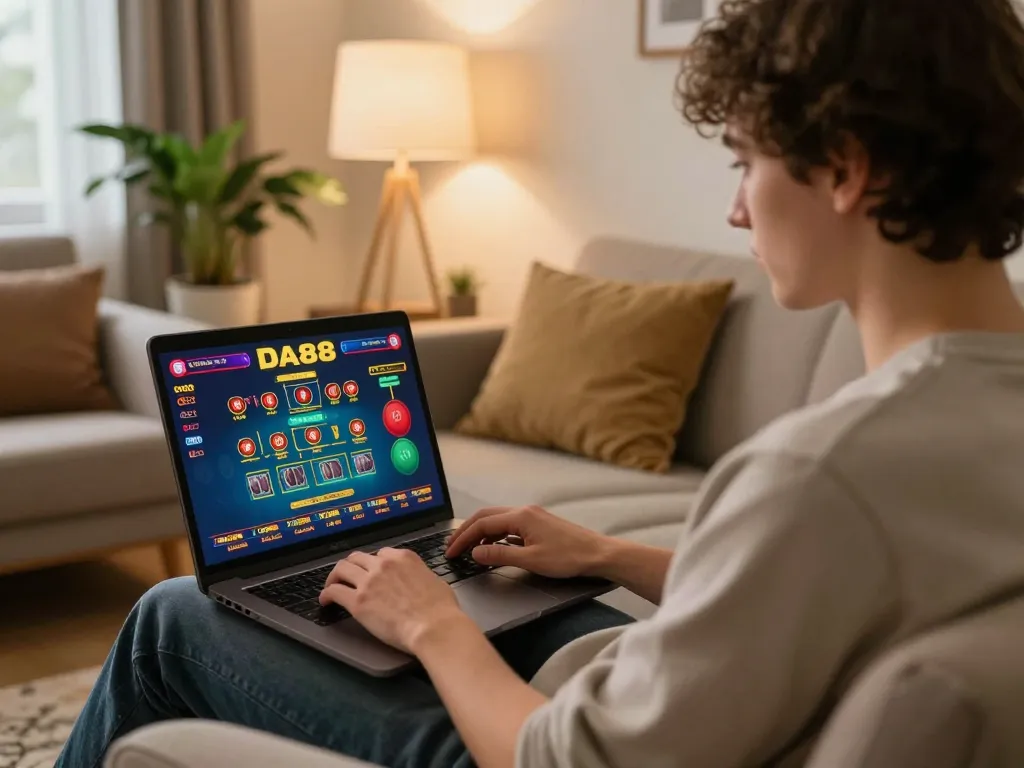Player engages with DA88 online casino gaming strategy from cozy home setting