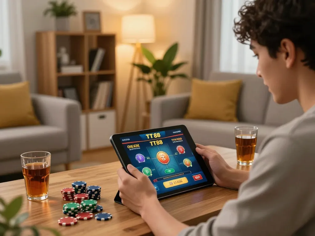 Excited player engaging with nhà cái tt88 online casino on tablet in cozy living room setting.