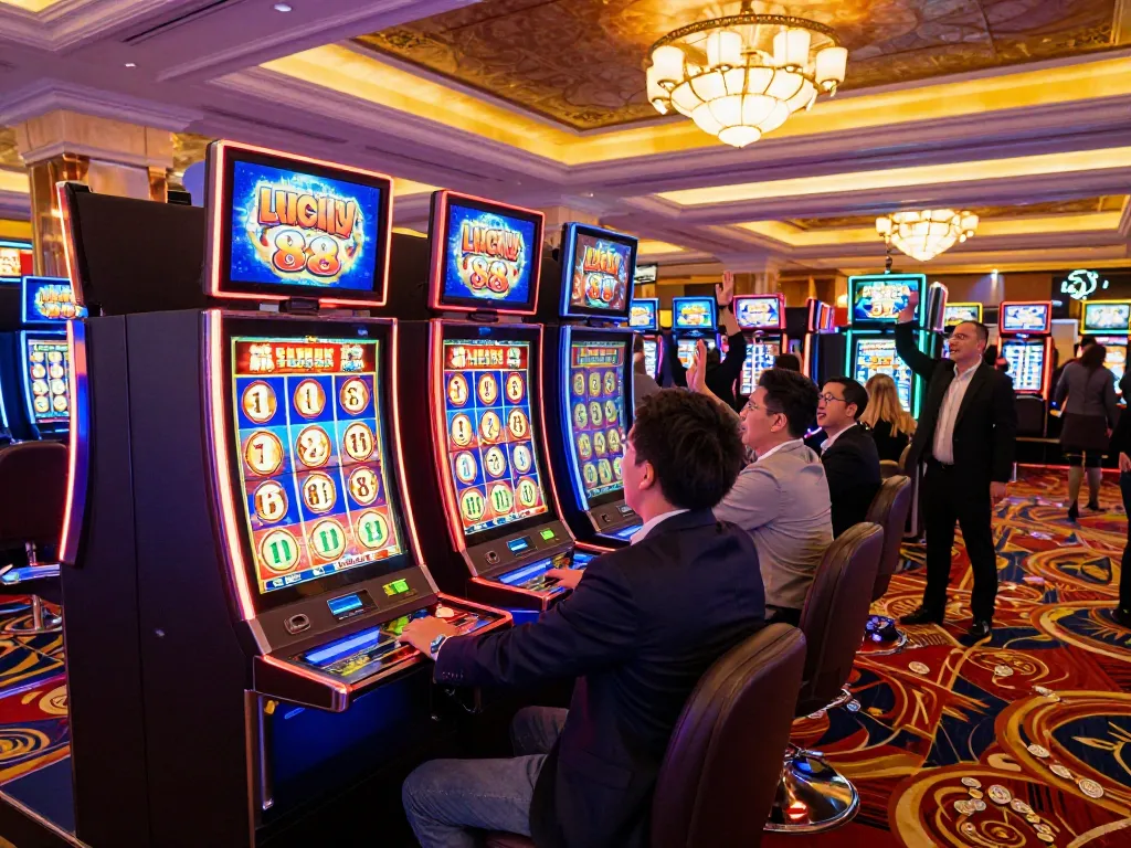 Engaged players around the Lucky 88 slot machine celebrating a big win in a vibrant casino atmosphere.