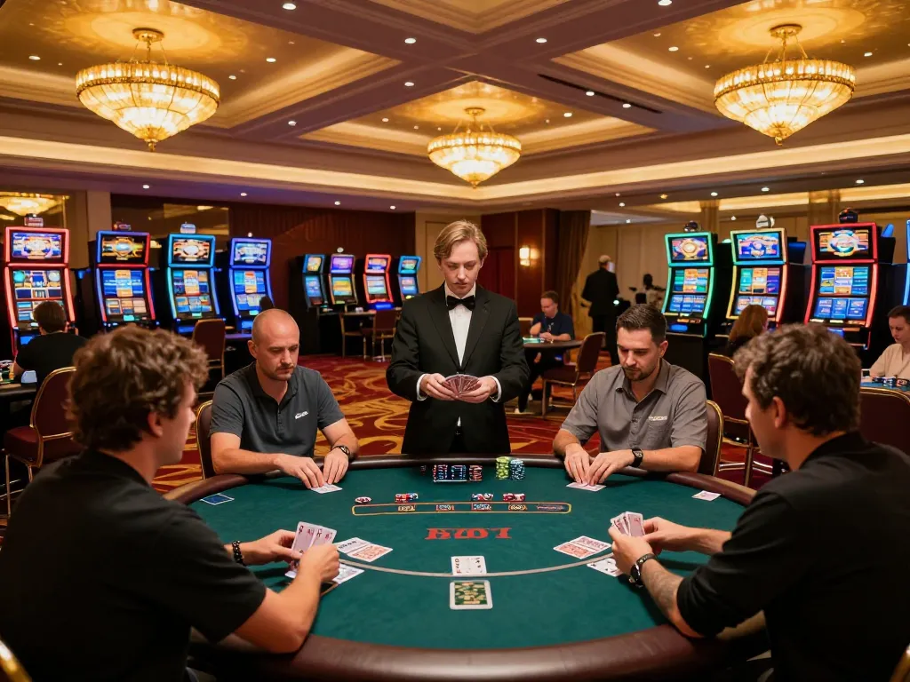 F168bet players strategizing their poker bets at a luxurious casino table illuminated by elegant chandeliers.