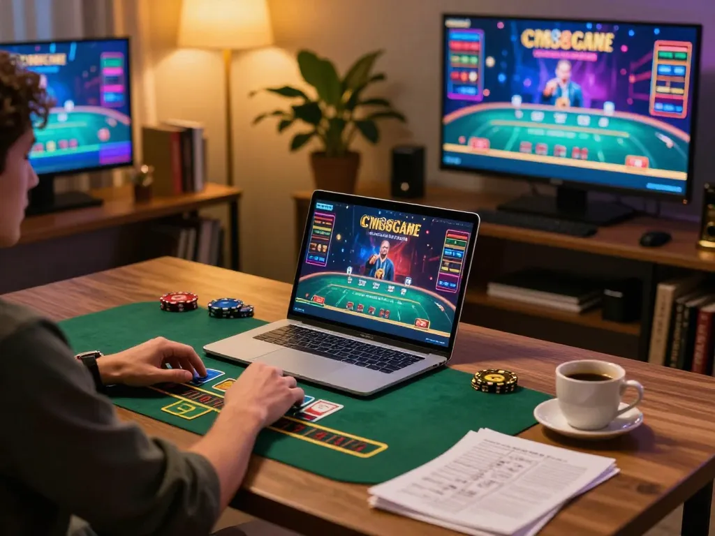 Person playing live blackjack at cm88game on a laptop, surrounded by strategy notes.